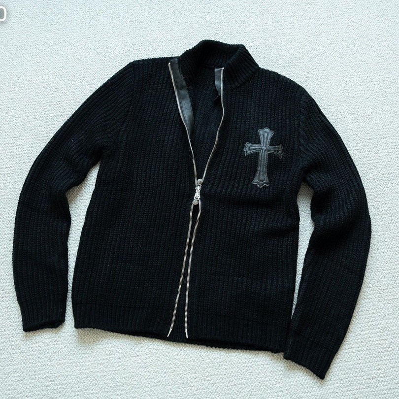 CHROME HEARTS 크롬하츠 레더 크로스 집업 니트 가디건