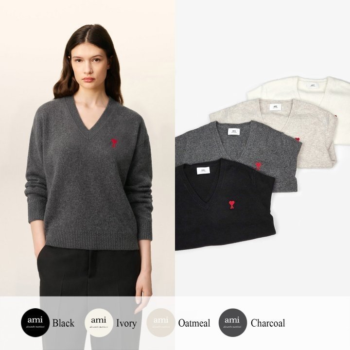 AMI 아미 드 꾀흐 엠브로이더리 V넥 울 스웨터