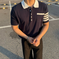 THOM BROWNE 톰브라운 사선완장 배색 카라 반팔 니트 2COLOR