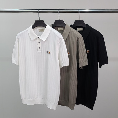 MAISON KITSUNE 메종키츠네 더블폭스 세로줄 반팔 카라 니트